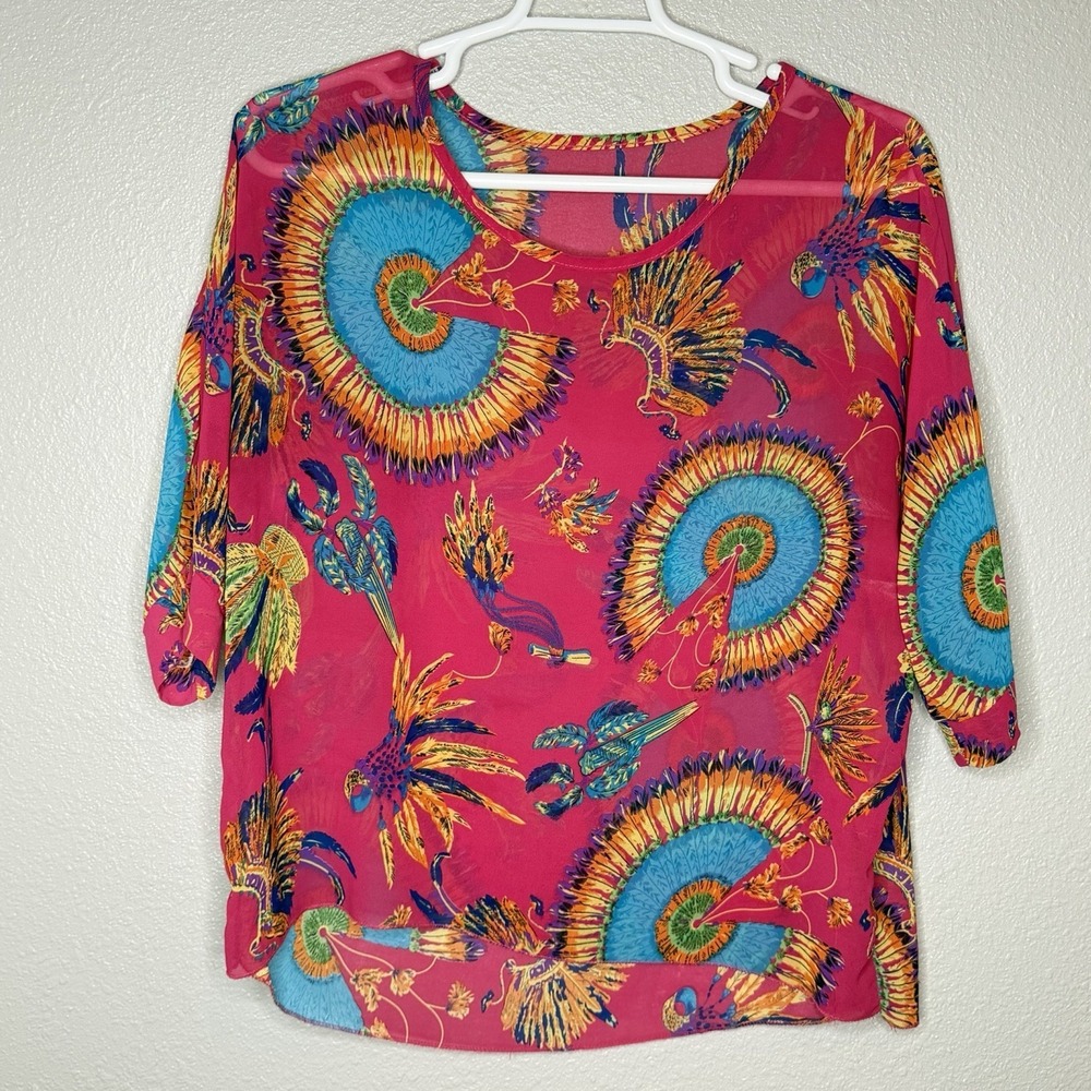 Pink Teal‎ Tropical Parrot Feather Sheer Blouse Womens Approx XL Resort Vacation